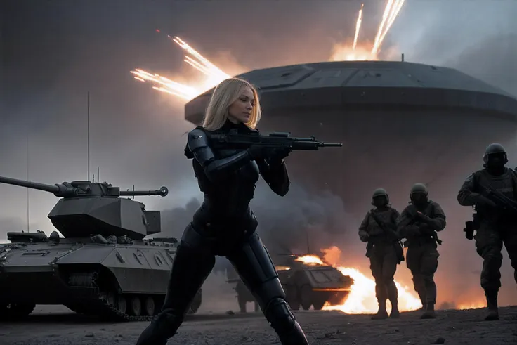 photo of a woman,gun,military outfit,science war,futuristic,action movie,shooting,2049,war,behind barricade,enemy,robots,public,futuristic armor,deathstar,apocalipse,tanks,jets,explosions,fire,clouds,