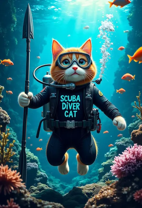 A feline cat scuba diver with a sea diver mask tuba goggles speargun and air bottles swimming underwater amid lots of colorful fish, on its diving suit is written in (((entirely legible text:2.0 turquoise ink letters:2.0))) the words "SCUBA DIVER CAT TEAM"...