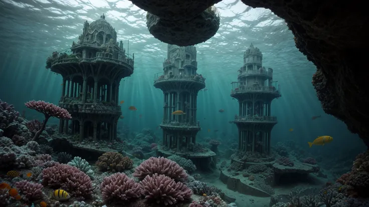 and oil painting in the Art nouveau Painting (ancient underwater city by Tivadar Csontvry Kosztka:1.1),
a landscape that plunges into the depths of an underwater world. Imagine vibrant coral reefs teeming with marine life,
Macabre,
dark colours, bright, hi...