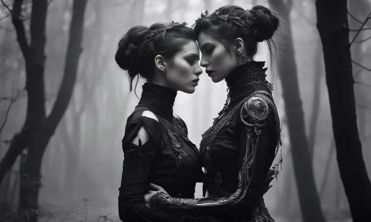 two women in black and white are standing in the woods, a black and white photo by Dirk Crabeth, featured on deviantart, gothic art, gothic romance, gothic fashion, dark and gothic