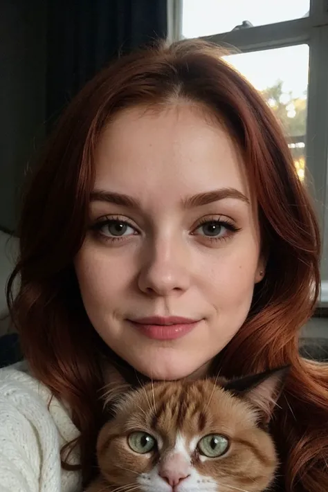 moody instagram photo, closeup face photo of 42 years old woman, dressed in comfy oversized sweater, dirty fiery red hair, color gradient, bright tips of hair, fair pale skin, happy, cute smile, cuddling with her kitten, grumpy cat, soft fur, beautiful haz...