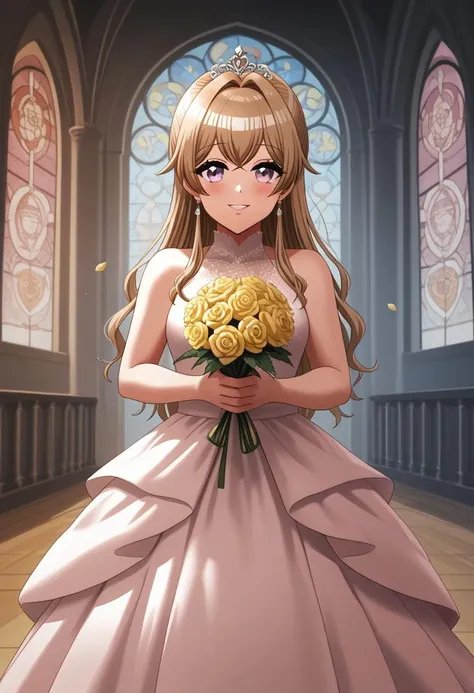 ultra detailed, highres, best quality, masterpiece, mana_kase, light brown hair, purple eyes, looking at viewer, blush, smile, dress, holding, bare shoulders, jewelry, flower, earrings, sleeveless, indoors, white dress, petals, window, sleeveless dress, ro...