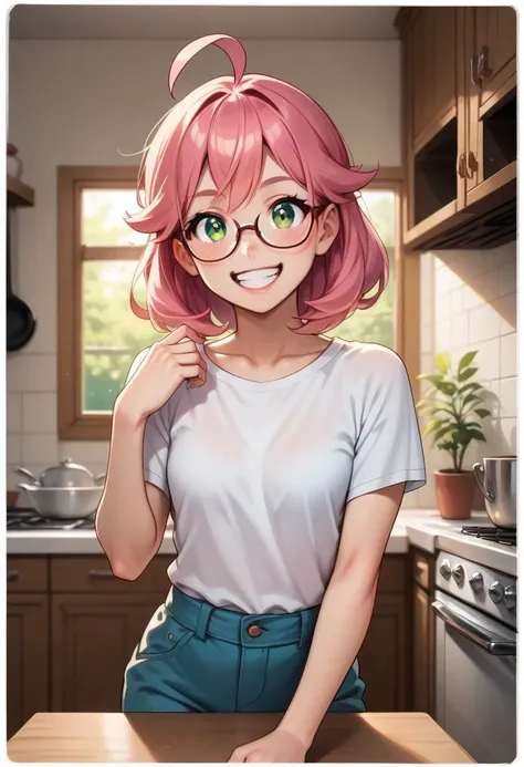 score_9,score_8_up,score_7_up,score_6_up,score_5_up,score_4_up (1.6), 1girl, comic book art, rough colored sketch, pink hair, ahoge, green eyes, glasses, black wide pants, slender, small breasts, happy, perfect eyes mouth anatomy, make up, white cute tunic...