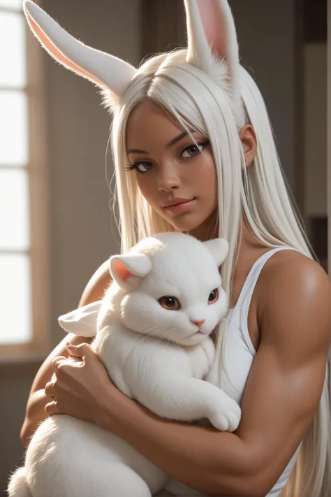 a close up of a woman holding a white cat wearing bunny ears