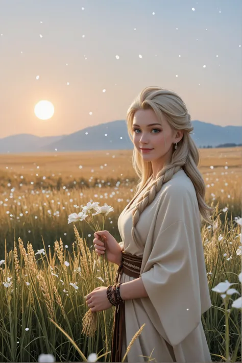 a woman standing in a field of flowers with a sun setting behind her