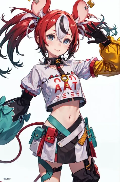 smile,   <lora:HakosBaelz:0.95> BaelzBase, twintails, dice hair ornament, spiked collar, key necklace, white shirt, yellow detached sleeve, red-blue CHSleeve, black gloves, midriff, multicolored skirt, thigh strap, mouse tail, tail bow, <lora:kuroboshi_kou...