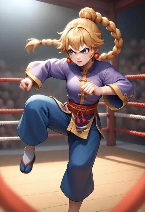 a woman in a purple outfit is kicking a boxing ring