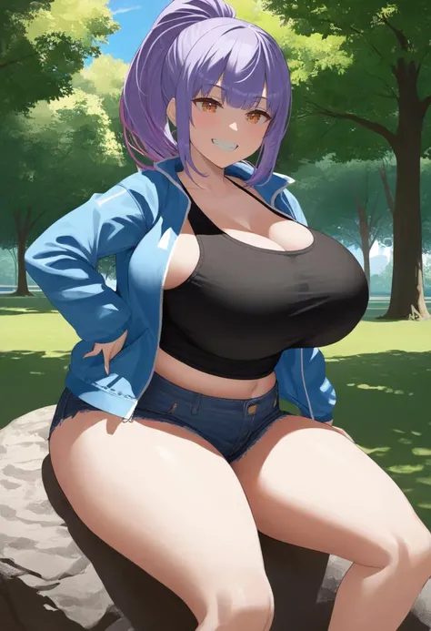 masterpiece, best quality, 1girl, solo, park, amber eyes, violet hair, blue jacket, open jacket, black tank top, jean shorts, seated, on a rock, cowboy shot, grin, blush,  big breasts, wide hips, thick thighs, blunt bangs, ponytail, by uodenim <lora:Uodeni...