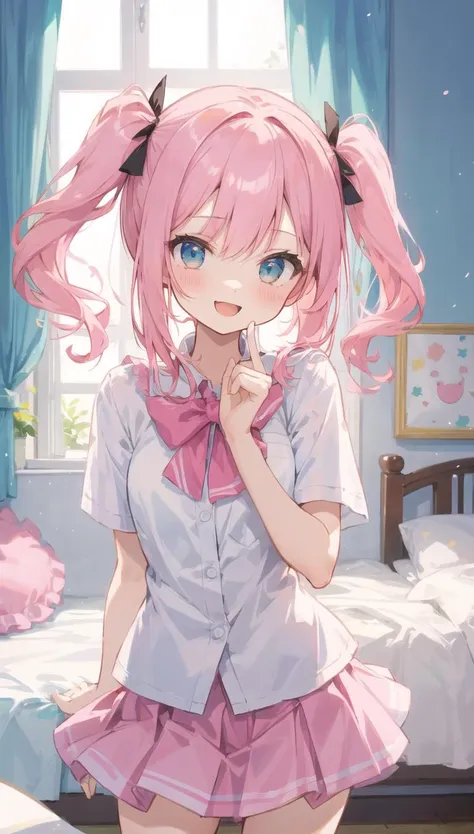 anime girl with pink hair and blue eyes in a room