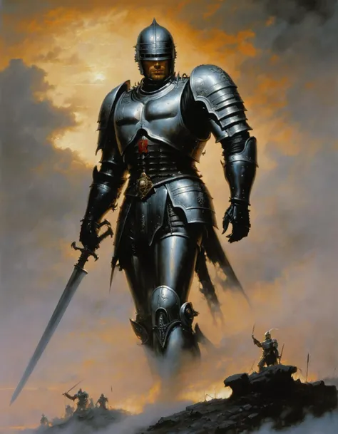 fantasy painting by gerald brom, full body, valorous heroic male knight on a battlefield at dawn, clouds, style of ocprobocop <lora:hjocprobocop_v10xl:0.8>