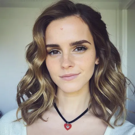 a woman with a heart necklace on her neck and a white shirt