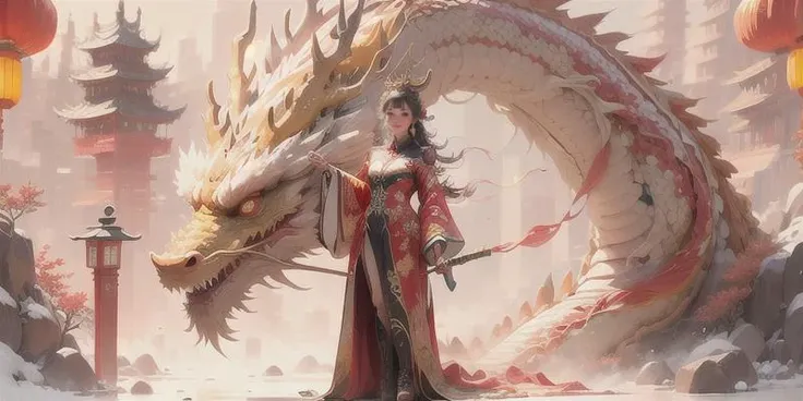 [(white background:1.5)::5],(bottle bottom:0.9),masterpiece,(full body:1.2),
Dragon and girl, 1girl, dragon, long hair, dress, weapon, gloves, solo, smile, fire, red dress, black gloves, sword, red eyes, chinese clothes, looking at viewer, holding, brown h...