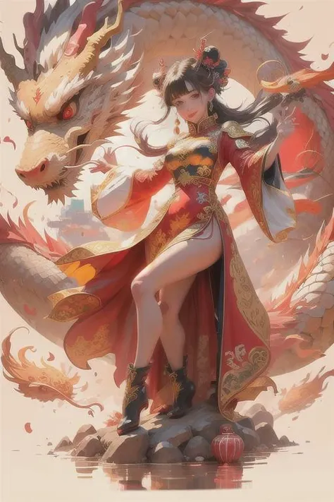 [(white background:1.5)::5],(bottle bottom:0.9),masterpiece,(full body:1.2),
Dragon and girl, 1girl, dragon, long hair, dress, gloves, solo, smile, fire, red dress, black gloves, red eyes, chinese clothes, looking at viewer, holding, brown hair, bangs, bre...