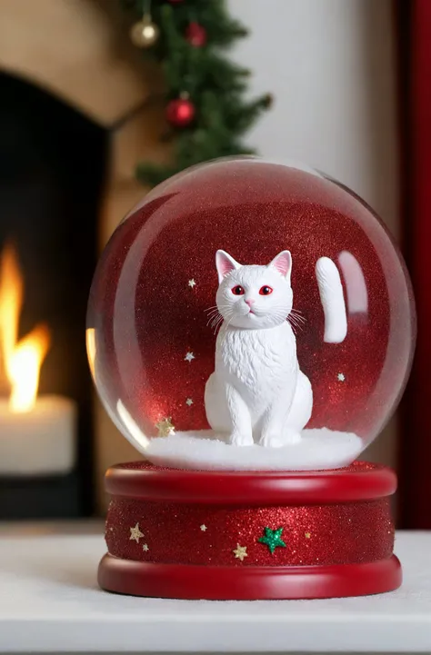 ASCIIRed Glitter, high quality dynamic shot of transparent magical snowglobe, snowing with red glitter, tiny cat inside, transparent, extremely beautiful, 8k, extremely detailed, macro shot, festive, Christmas, sitting on a fireplace mantle