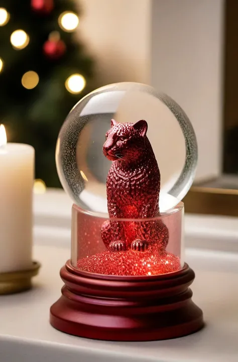 ASCIIRed Glitter, high quality dynamic shot of transparent magical snowglobe, snowing with red glitter, tiny jaguar inside, transparent, extremely beautiful, 8k, extremely detailed, macro shot, festive, Christmas, sitting on a fireplace mantle