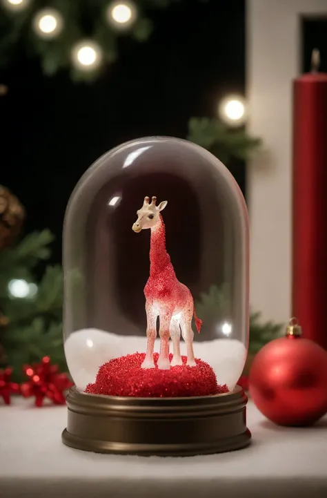 ASCIIRed Glitter, high quality dynamic shot of transparent magical snowglobe, snowing with red glitter, tiny giraffe inside, transparent, extremely beautiful, 8k, extremely detailed, macro shot, festive, Christmas, sitting on a fireplace mantle