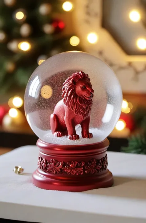 ASCIIRed Glitter, high quality dynamic shot of transparent magical snowglobe, snowing with red glitter, tiny lion inside, transparent, extremely beautiful, 8k, extremely detailed, macro shot, festive, Christmas, sitting on a fireplace mantle