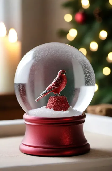 ASCIIRed Glitter, high quality dynamic shot of transparent magical snowglobe, snowing with red glitter, tiny hawk inside, transparent, extremely beautiful, 8k, extremely detailed, macro shot, festive, Christmas, sitting on a fireplace mantle