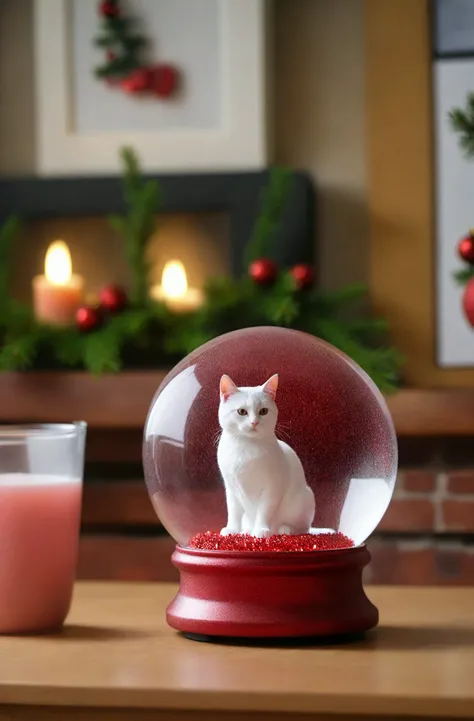 ASCIIRed Glitter, high quality dynamic shot of transparent magical snowglobe, snowing with red glitter, tiny cat inside, transparent, extremely beautiful, 8k, extremely detailed, macro shot, festive, Christmas, sitting on a fireplace mantle