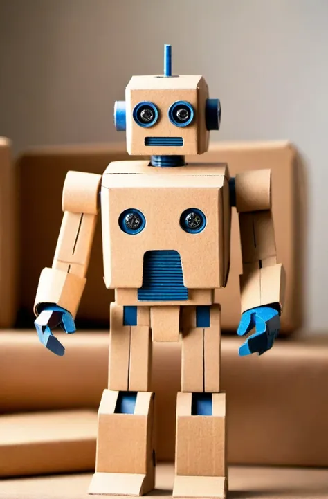 ASCIIcardboard robot toy, high quality dynamic shot of cardboard robot toy, extremely beautiful, 8k, extremely detailed, macro shot, standing among other toys