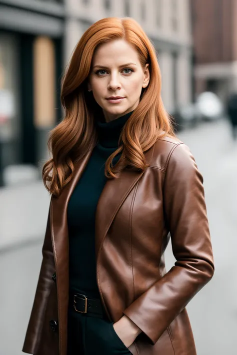 photo of (SarahR4ff3rty02:0.99), a woman, RAW, close portrait photo, long brown leather coat, turtleneck, long haircut, slim body, lips parted, warm lighting, 4k, sharp focus, high resolution, (ultra detailed face:1.2), (ultra detailed skin:1.2), (ultra de...