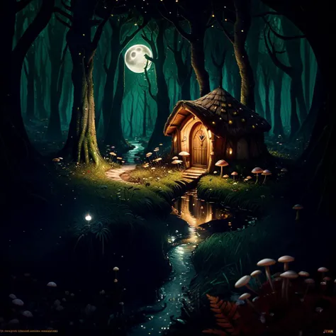 (fantasy architecture, ornate mushroom hut, detailed enchanted hut:1.4), (practical effects,  establishing shot, wolf in deep background silhouette:1.3),(enchanted forest undergrowth, twilight, one moon glow, running stream:1.3) (spooky, unsettling, propag...