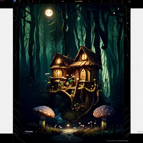 (fantasy architecture, ornate mushroom hut, detailed enchanted hut:1.4), (practical effects,  establishing shot, wolf in deep background silhouette:1.3),(enchanted forest undergrowth, twilight, one moon glow, running stream:1.3) (spooky, unsettling, propag...