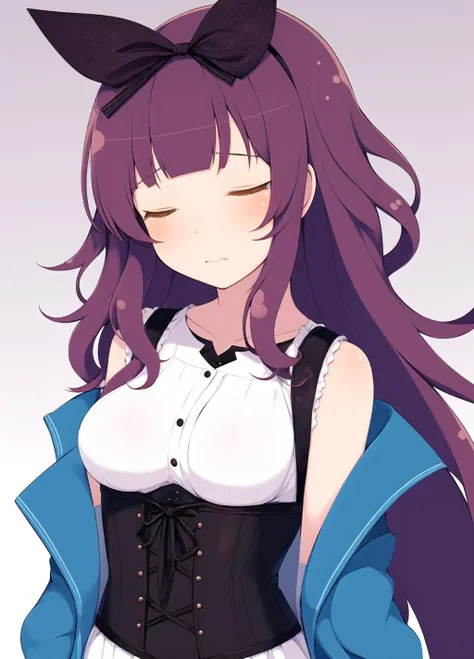 1girl, solo, (closed eyes), yellow eyes, (Bushy Hair, wispy Bangs:1.3), magenta hair, breasts, small breasts, hair ribbon, corset, raincoat, (simple background, gradient background), arms at sides, nice hands, digital art, sharp detail, incredibly absurdre...