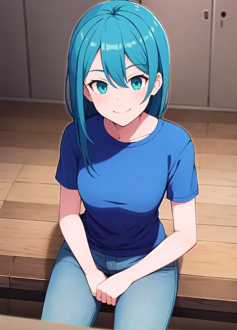 best quality, 1girl, sitting, solo, cyan eyes, dark blue hair, blue shirt, jeans, smile, indoors, fine background, (cel shading), sharp detail, incredibly absurdres, <lora:GoodHands-vanilla:1>, <lora:Ishiseito:0.8>