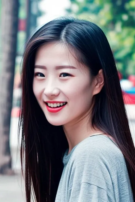 a close up of a woman with long hair smiling at the camera