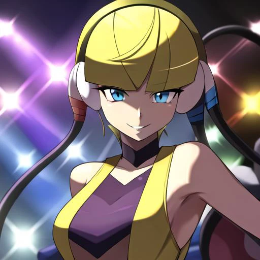 elesa blonde (pokemon), <lora:elesa blonde (pokemon):1>, portrait, smile, looking at viewer, stage, color lights, crowd