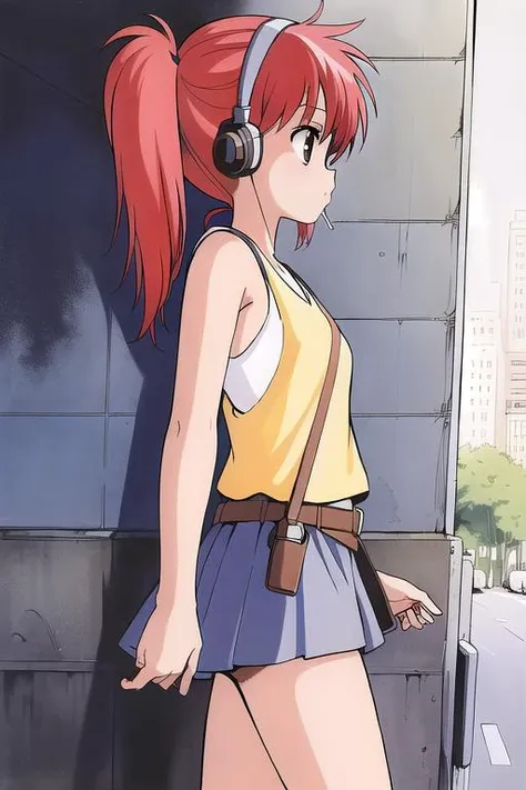 masterpiece,best quality,ultra detail,from side,headphone,girl, YohkoAsagiri,1girl,street,walking,red hair,Side ponytail,brown eyes, <lora:YohkoAsagiri001:0.7>yellow short-sleeved shirt,layering,blue tank top, belt,black miniskirt,