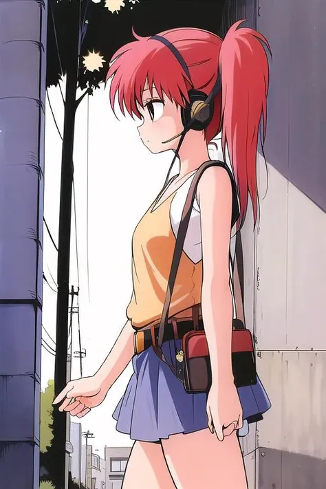 masterpiece,best quality,ultra detail,from side,headphone,girl, YohkoAsagiri,1girl,street,walking,red hair,Side ponytail,brown eyes, <lora:YohkoAsagiri001:0.7>yellow short-sleeved shirt,layering,blue tank top, belt,black miniskirt,