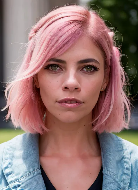 closeup portrait of skswoman, confused , wearing shorts , with pink Half-up, half-down hairstyle , background capitol building epic (photo, studio lighting, hard light, sony a7, 50 mm, matte skin, pores, colors, hyperdetailed, hyperrealistic), <lyco:Maribe...