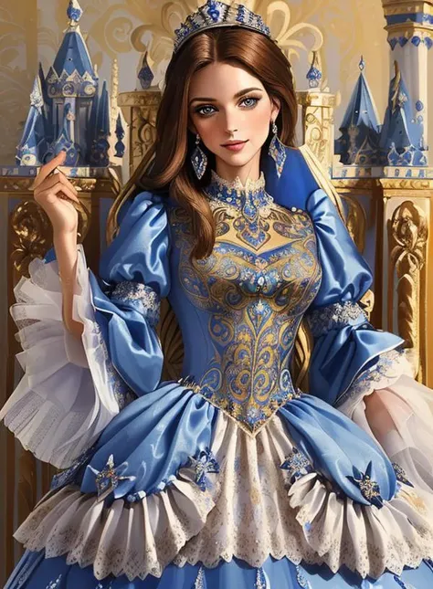 (masterpiece, best quality:1.4), a german woman modern queen wearing (ornate blue and white european style princess dress:1.2), long sleeves, high heels,  <lora:EuropeanStyleDress:0.7>, solo, brown long decorated hair, brown eyes, little smile, extremely d...