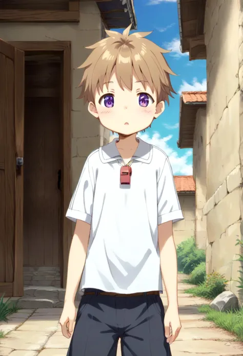 anime boy standing in front of a house with a door