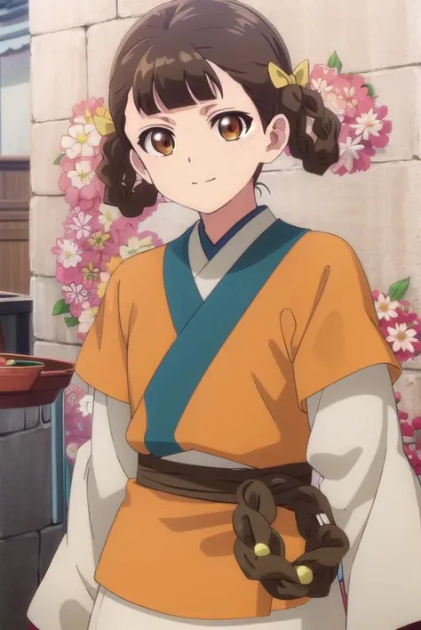 kusuriyaxiaolan, <lora:kusuriya xiaolan s1-lora-nochekaiser:1>,
xiaolan, bangs, brown hair, hair ornament, (brown eyes:1.3), braid, hair rings, smile,
BREAK japanese clothes, robe, orange robe, long sleeves, skirt, white skirt,
BREAK outdoors,
BREAK lookin...