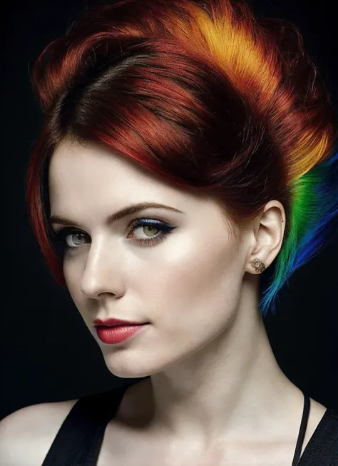 portrait of sks woman by Flora Borsi, style by Flora Borsi, bold, bright colours, rainbow Mohawk haircut, ((Flora Borsi)), <lora:locon_amouranth_v1_from_v1_64_32:1>