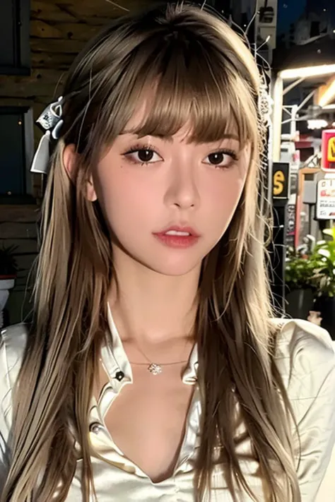 a close up of a woman with long hair wearing a white shirt