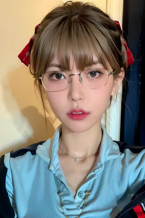 a close up of a person wearing glasses and a blue shirt