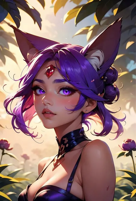 (masterpiece, best quality), 1girl,  Peony Messy Bun with Floral Hair Comb, small breasts,     <lora:1720834280012613853:0.8> Espeon, Purple hair, Forehead jewel, Animal ears, Purple eyes