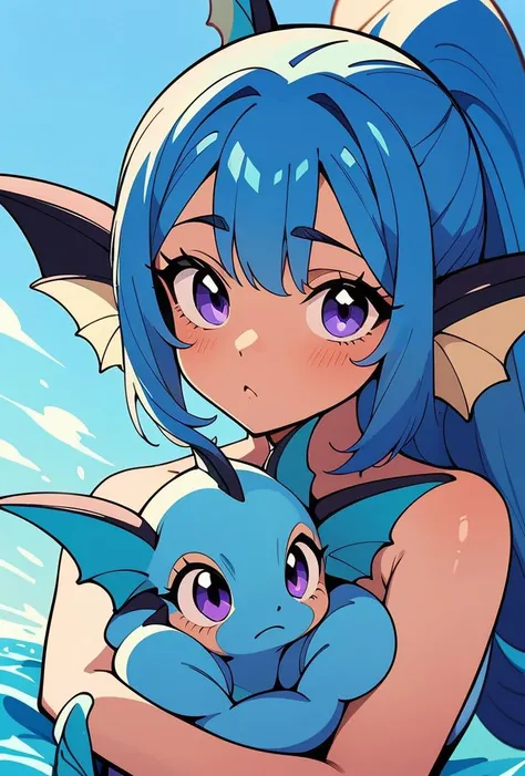 (masterpiece, best quality), 1girl, <lora:1721123430614453536:0.8> blue hair, purple eyes, head fins, fins, Vaporeon