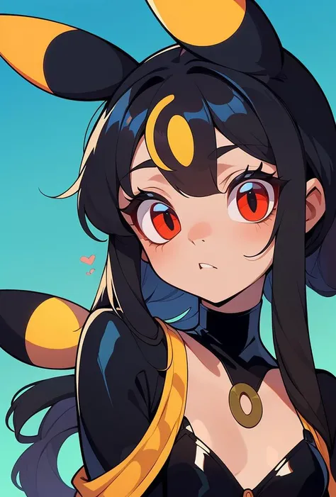 (masterpiece, best quality), 1girl,  Chestnut brown Half-Up Braided Hairstyle, flat chest,    <lora:1720562500228886635:0.8> Animal ears, Umbreon, Black hair, Red eyes