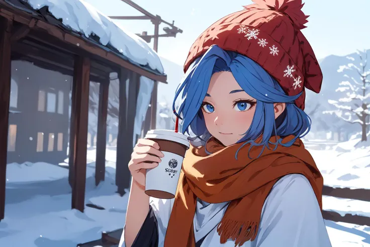 (RAW photo, best quality), 1girl,  natural lighting <lora:chrono_trigger_schala_v1_2-000002:1>, chrono trigger schala, 
winter, beanie cap, scarf, snowflake, drink coffee, aroma