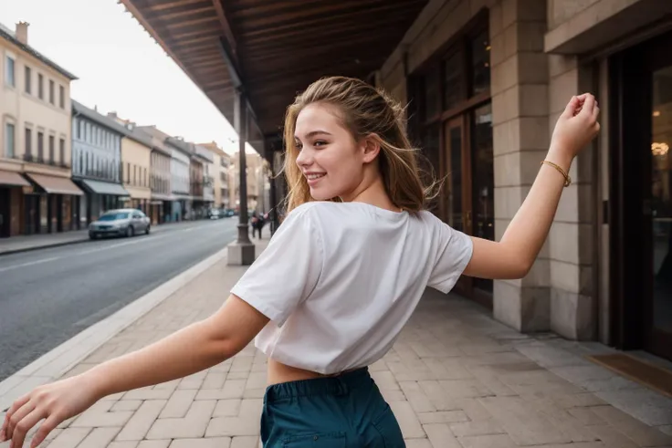 from side and behind,photo of a 18 year old girl,dancing,happy,looking at viewer,nice hands,perfect hands,<lyco:goodhands-beta2:...