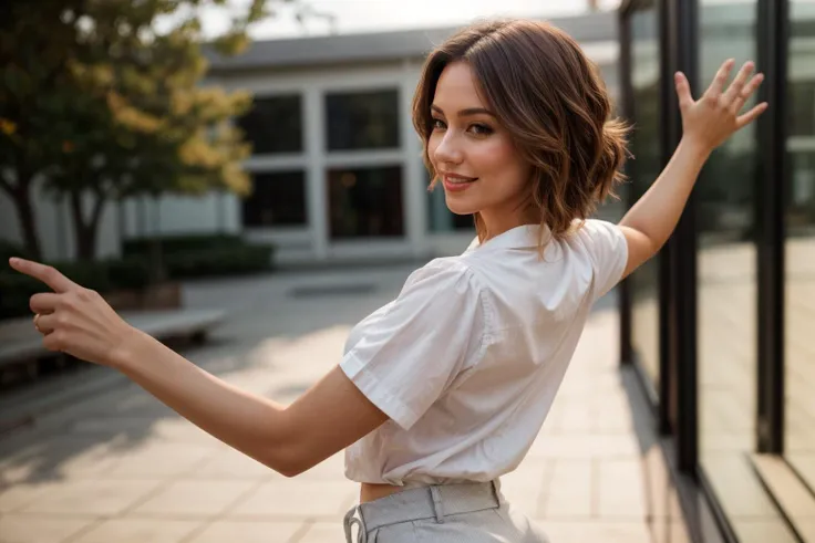 full body,from side and behind,photo of a woman,looking at viewer,dancing,happy,shirt,pants,outdoor,windy,ray tracing,detail sha...