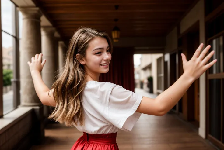 from side and behind,photo of a 18 year old girl,dancing,happy,laughing,nice hands,perfect hands,<lyco:goodhands-beta2:1>,hand o...