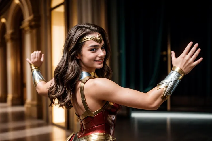 dc movies,from side and behind,photo of a 18 year old girl,wonder woman,dancing,happy,laughing,nice hands,perfect hands,<lyco:go...