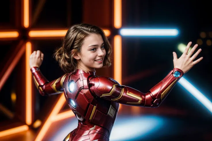 marvel movies,from side and behind,photo of a 18 year old girl,ironman,dancing,happy,laughing,nice hands,perfect hands,<lyco:goo...