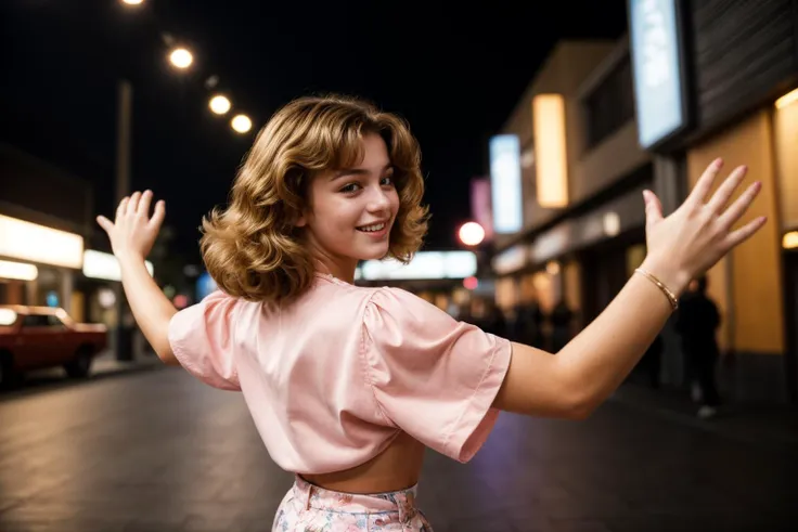 1980s,from side and behind,photo of a 18 year old girl,dancing,happy,laughing,nice hands,perfect hands,<lyco:goodhands-beta2:1>,...